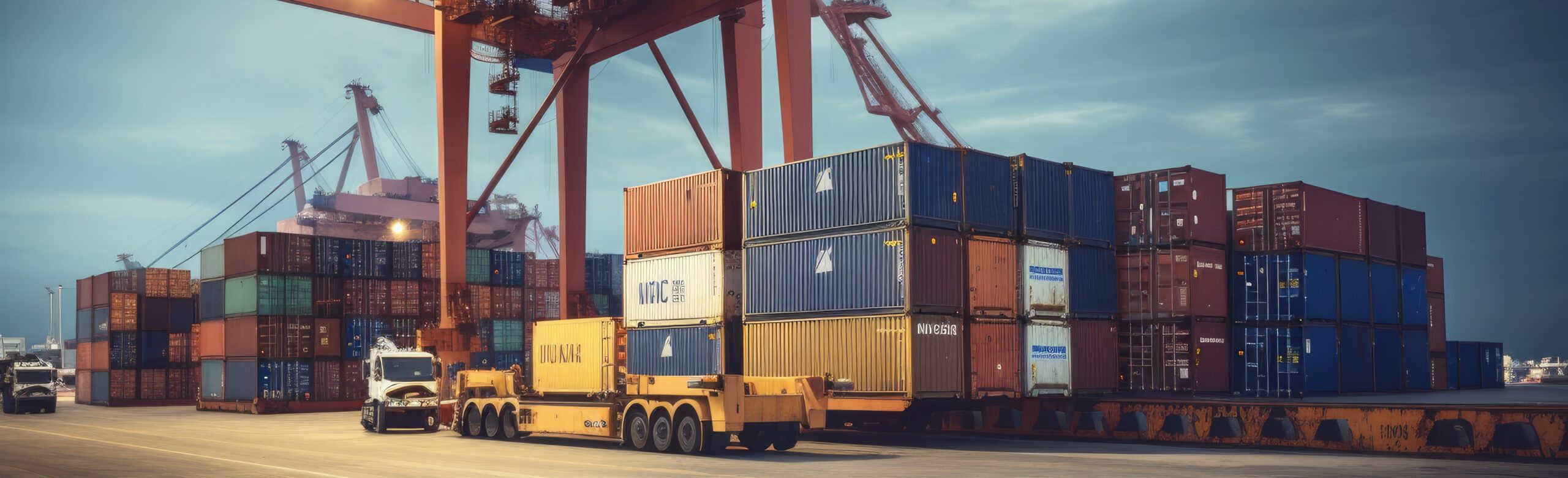 Logistics and transportation of Container Cargo ship and Cargo plane with working crane bridge in shipyard at sunrise, logistic import export and transport industry background.